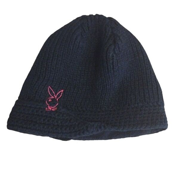 VTG Y2K PLAYBOY Bunny Black Knit Pink Embroidered Beanie Hat RARE - Picture 3 of 12